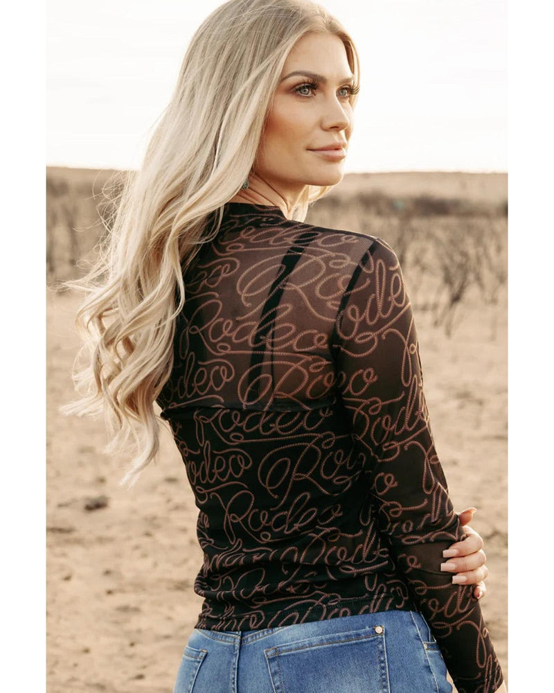 Black Western Rodeo Printed Mock Neck Long Sleeve Mesh Top - M