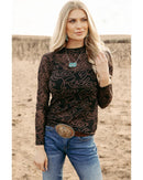 Black Western Rodeo Printed Mock Neck Long Sleeve Mesh Top - S