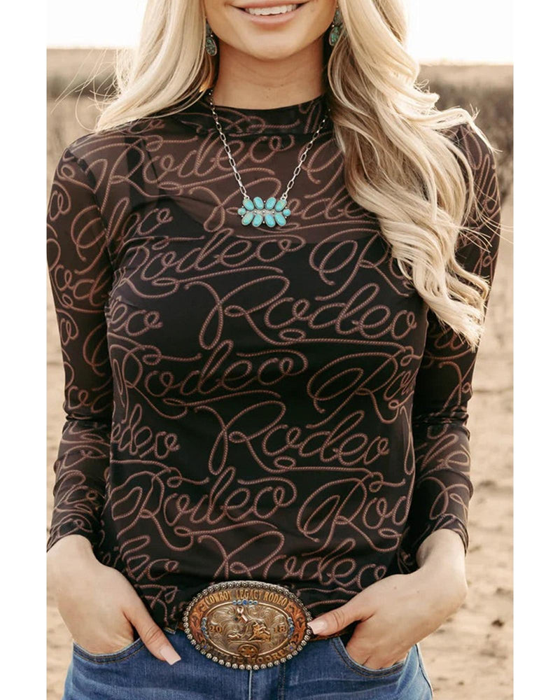 Black Western Rodeo Printed Mock Neck Long Sleeve Mesh Top - XL