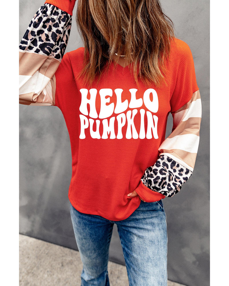 Red Hello Pumpkin Graphic Leopard Striped Colorblock Sleeve V Neck Top - L