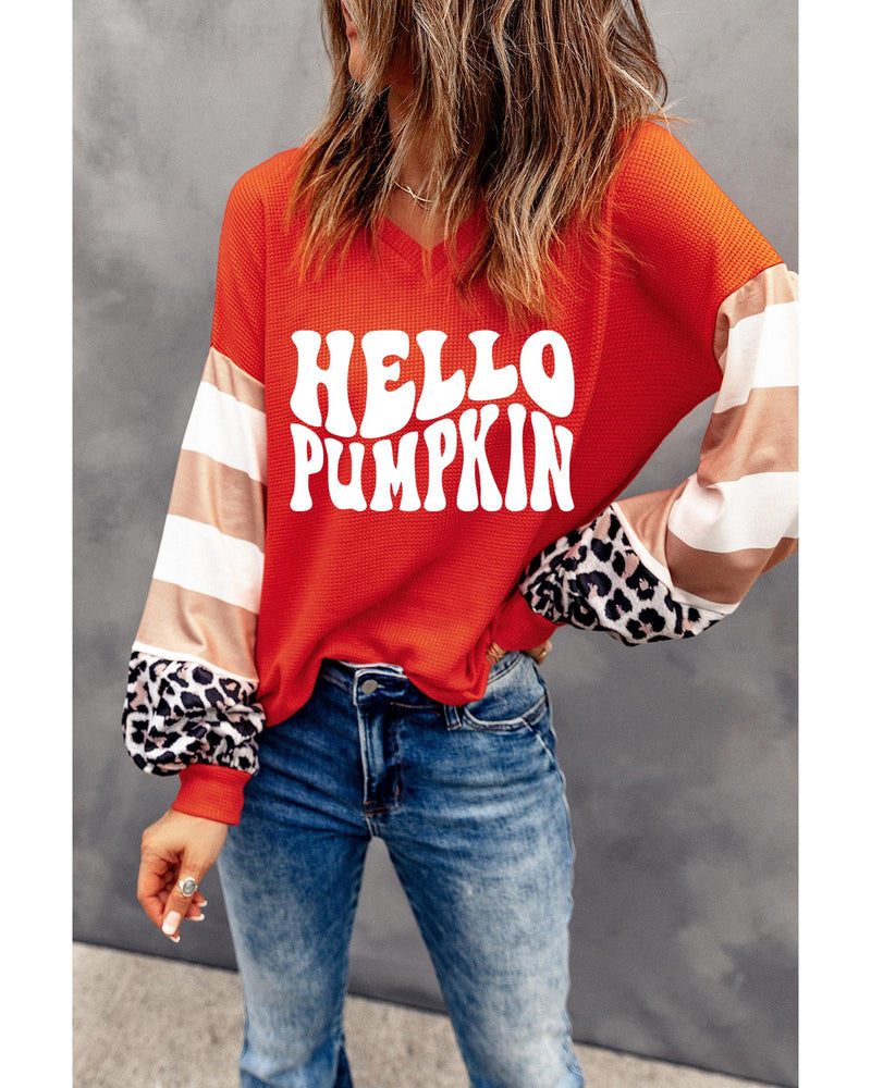 Red Hello Pumpkin Graphic Leopard Striped Colorblock Sleeve V Neck Top - L