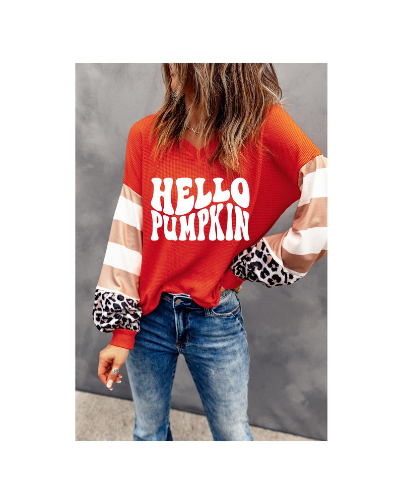 Red Hello Pumpkin Graphic Leopard Striped Colorblock Sleeve V Neck Top - L