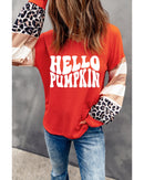 Red Hello Pumpkin Graphic Leopard Striped Colorblock Sleeve V Neck Top - S