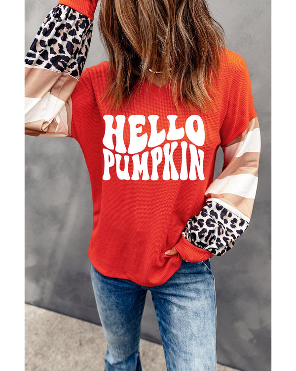 Red Hello Pumpkin Graphic Leopard Striped Colorblock Sleeve V Neck Top - S