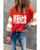 Red Hello Pumpkin Graphic Leopard Striped Colorblock Sleeve V Neck Top - S