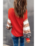 Red Hello Pumpkin Graphic Leopard Striped Colorblock Sleeve V Neck Top - S