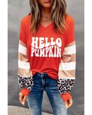 Red Hello Pumpkin Graphic Leopard Striped Colorblock Sleeve V Neck Top - S