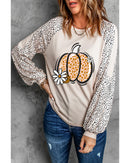 Khaki Leopard Raglan Long Sleeve Floral Pumpkin Graphic Top - L