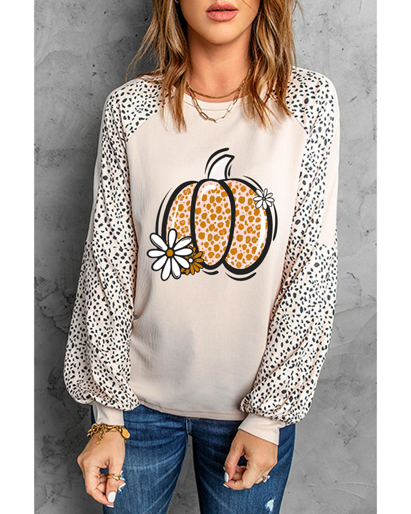 Khaki Leopard Raglan Long Sleeve Floral Pumpkin Graphic Top - L
