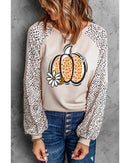 Khaki Leopard Raglan Long Sleeve Floral Pumpkin Graphic Top - L
