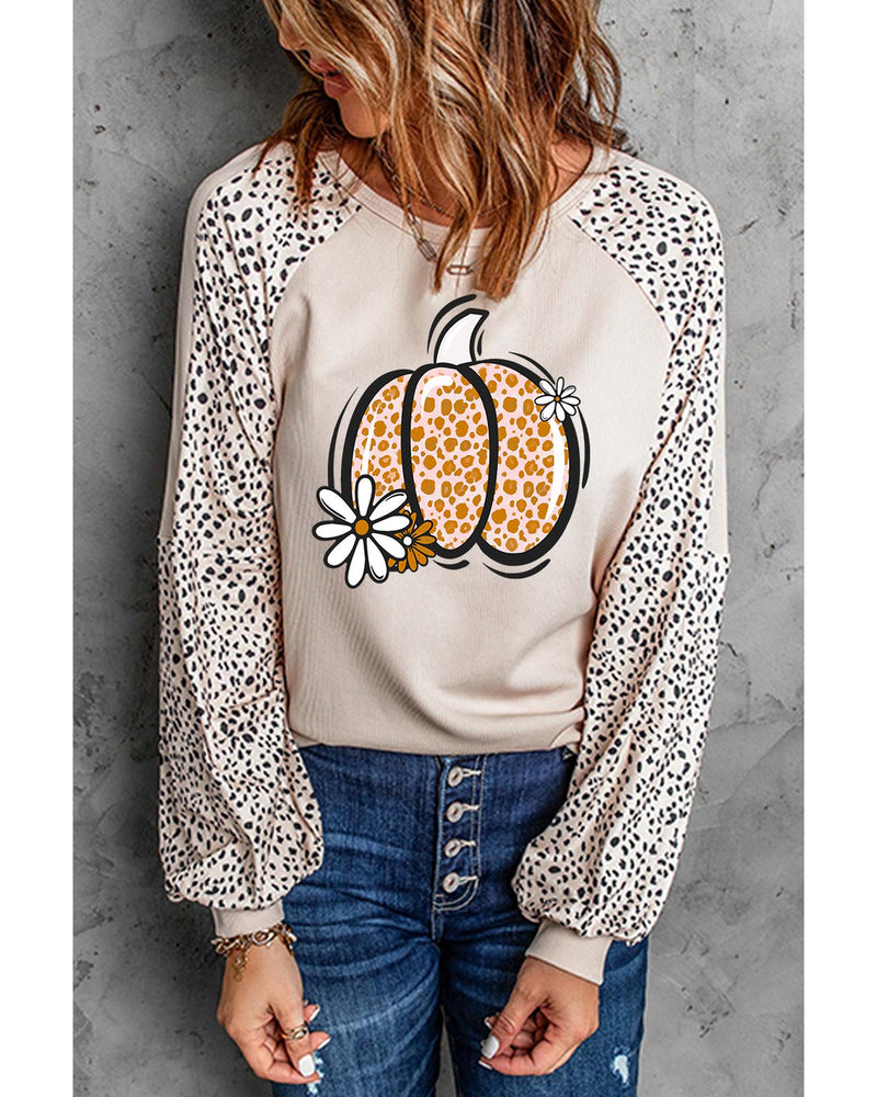 Khaki Leopard Raglan Long Sleeve Floral Pumpkin Graphic Top - L