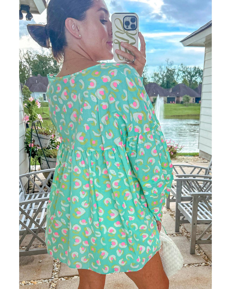 Green Abstract Printed Lace-up Lantern Sleeve Babydoll Blouse - L