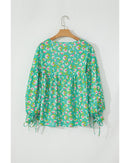 Green Abstract Printed Lace-up Lantern Sleeve Babydoll Blouse - L