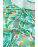 Green Abstract Printed Lace-up Lantern Sleeve Babydoll Blouse - M