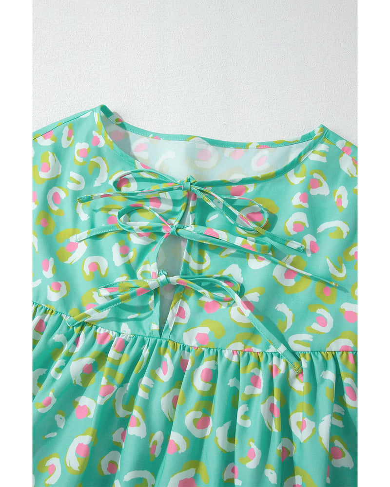 Green Abstract Printed Lace-up Lantern Sleeve Babydoll Blouse - M