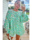 Green Abstract Printed Lace-up Lantern Sleeve Babydoll Blouse - S