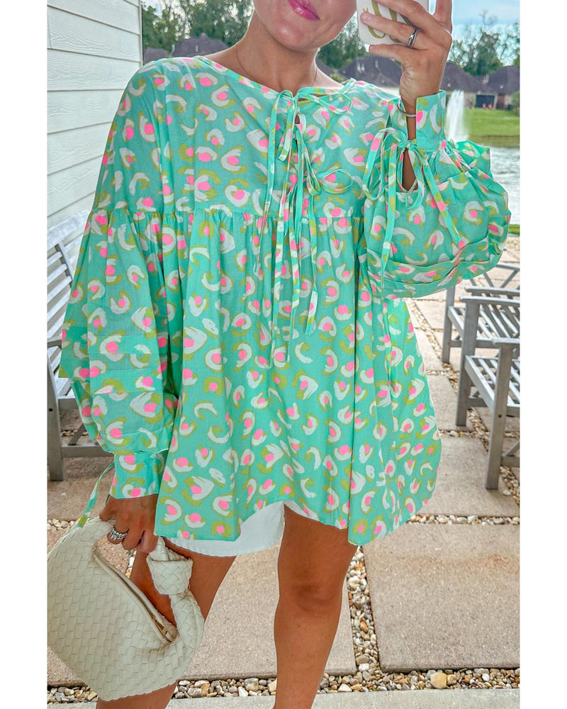 Green Abstract Printed Lace-up Lantern Sleeve Babydoll Blouse - S
