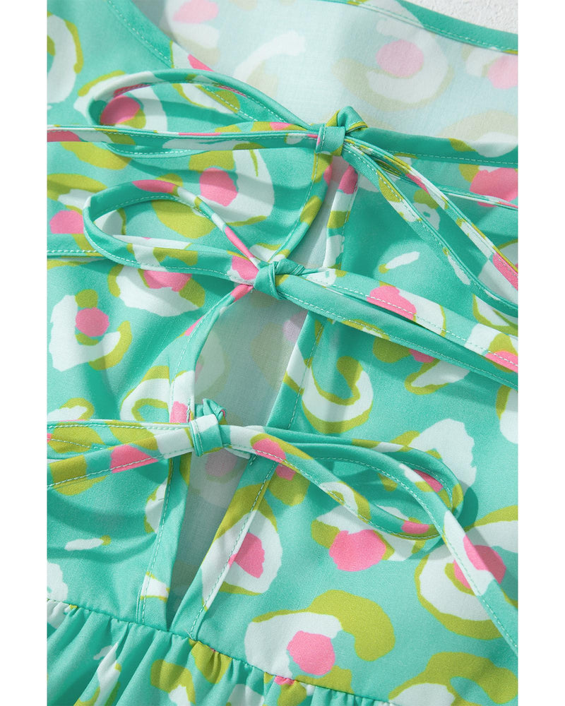 Green Abstract Printed Lace-up Lantern Sleeve Babydoll Blouse - S