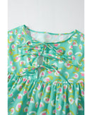 Green Abstract Printed Lace-up Lantern Sleeve Babydoll Blouse - S