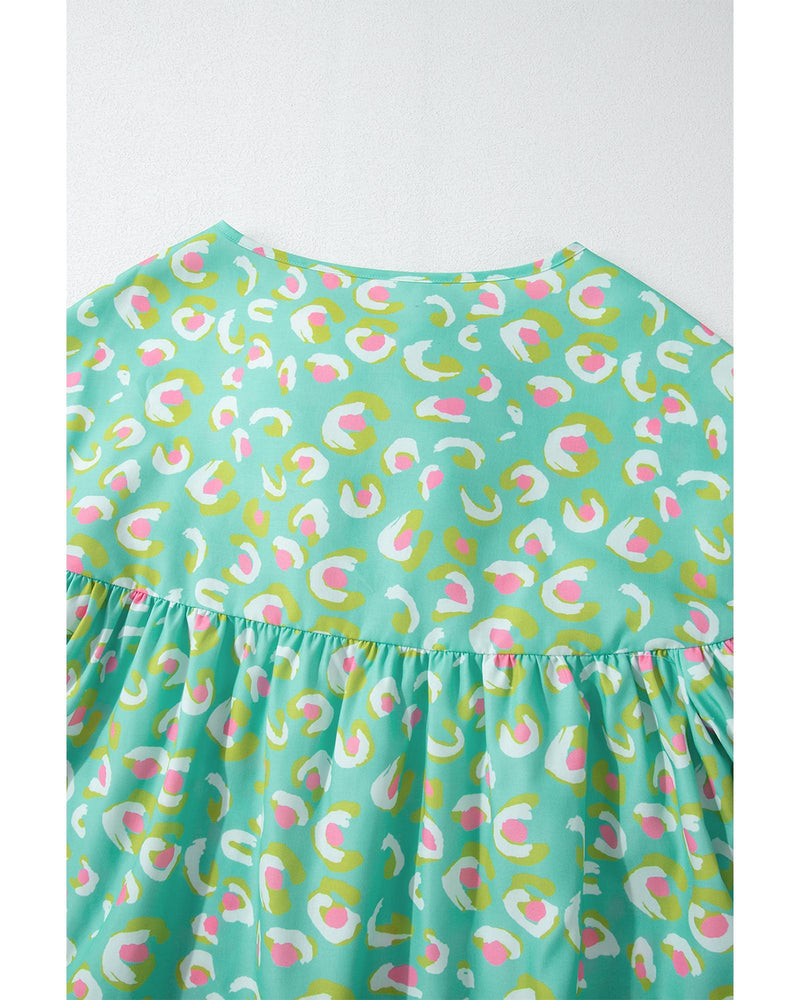 Green Abstract Printed Lace-up Lantern Sleeve Babydoll Blouse - XL