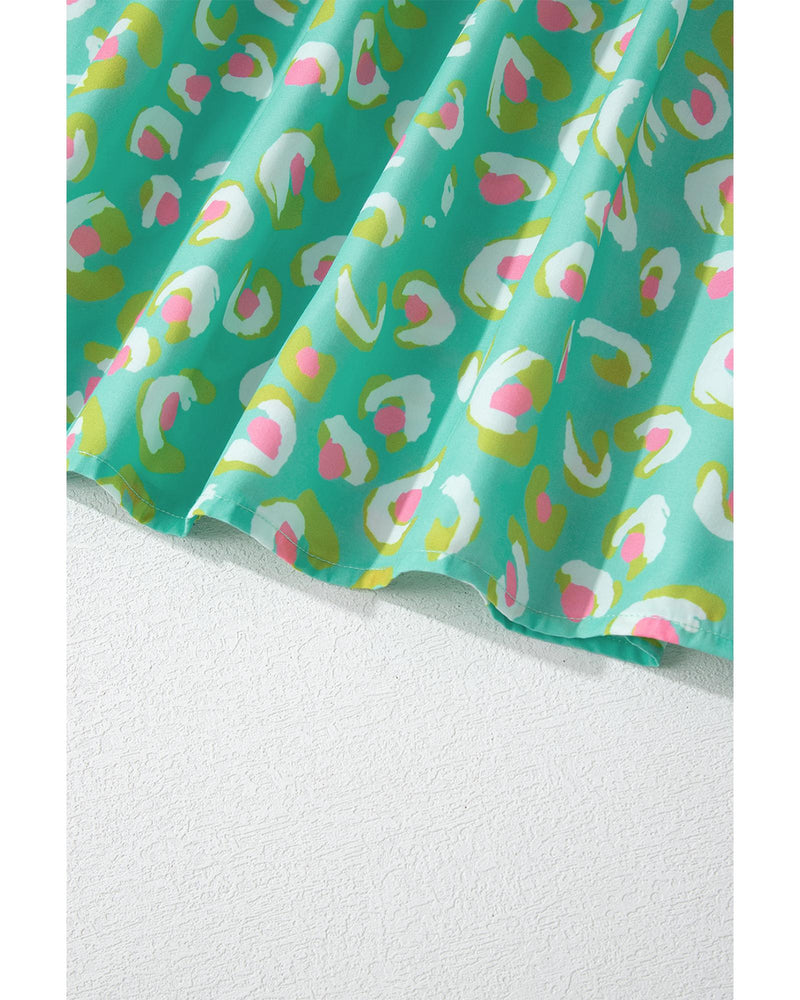 Green Abstract Printed Lace-up Lantern Sleeve Babydoll Blouse - XL