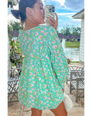 Green Abstract Printed Lace-up Lantern Sleeve Babydoll Blouse - XL