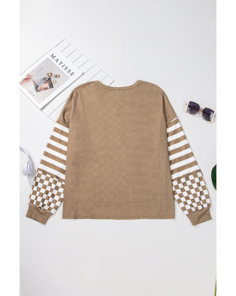 Khaki Checkerboard Striped Patchwork Lantern Sleeve Pocketed Blouse - M