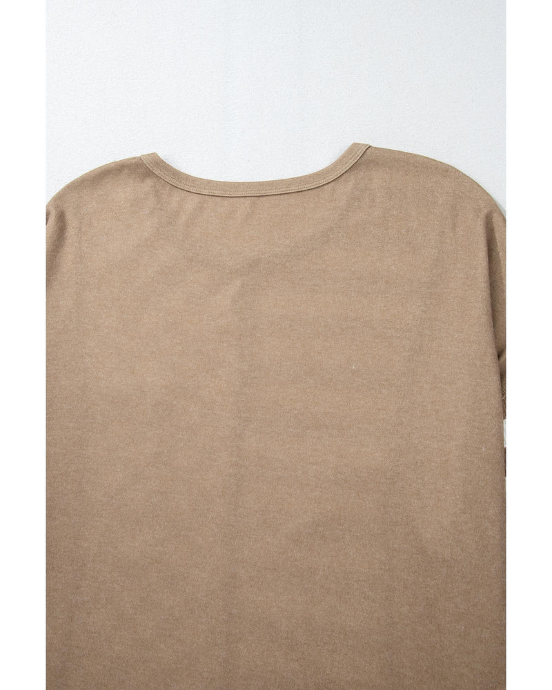 Khaki Checkerboard Striped Patchwork Lantern Sleeve Pocketed Blouse - M