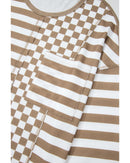 Khaki Checkerboard Striped Patchwork Lantern Sleeve Pocketed Blouse - M