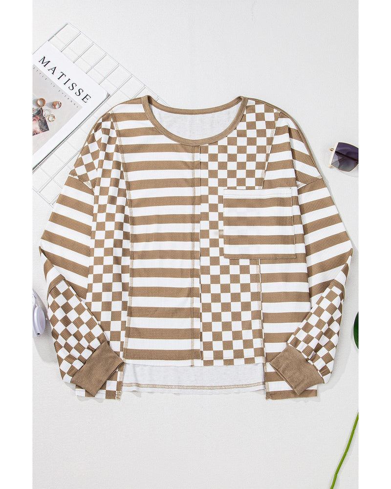 Khaki Checkerboard Striped Patchwork Lantern Sleeve Pocketed Blouse - M