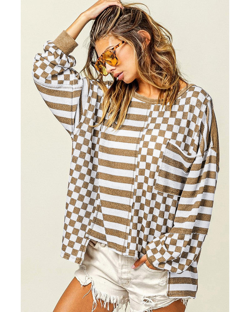 Khaki Checkerboard Striped Patchwork Lantern Sleeve Pocketed Blouse - M