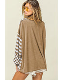 Khaki Checkerboard Striped Patchwork Lantern Sleeve Pocketed Blouse - M