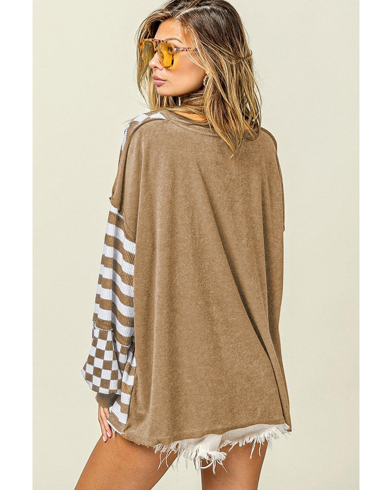 Khaki Checkerboard Striped Patchwork Lantern Sleeve Pocketed Blouse - M