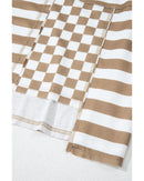 Khaki Checkerboard Striped Patchwork Lantern Sleeve Pocketed Blouse - S