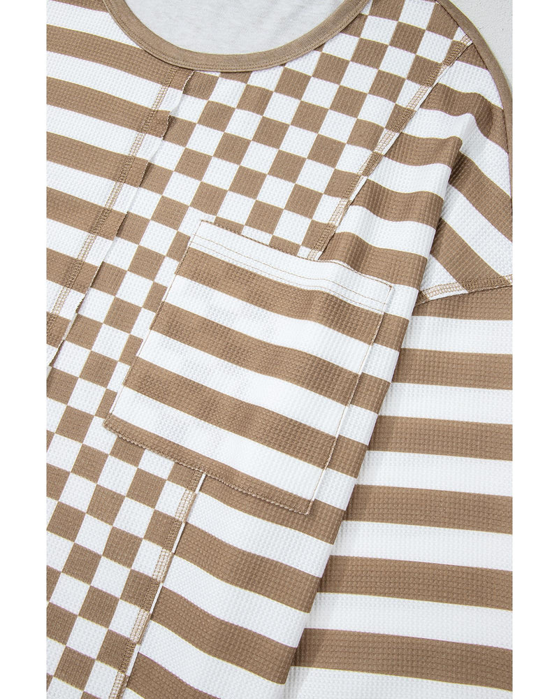 Khaki Checkerboard Striped Patchwork Lantern Sleeve Pocketed Blouse - S