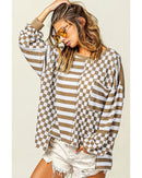 Khaki Checkerboard Striped Patchwork Lantern Sleeve Pocketed Blouse - S