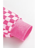 Rose Red Checkerboard Striped Patchwork Lantern Sleeve Pocketed Blouse - L