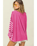 Rose Red Checkerboard Striped Patchwork Lantern Sleeve Pocketed Blouse - L