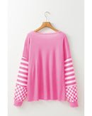 Rose Red Checkerboard Striped Patchwork Lantern Sleeve Pocketed Blouse - M