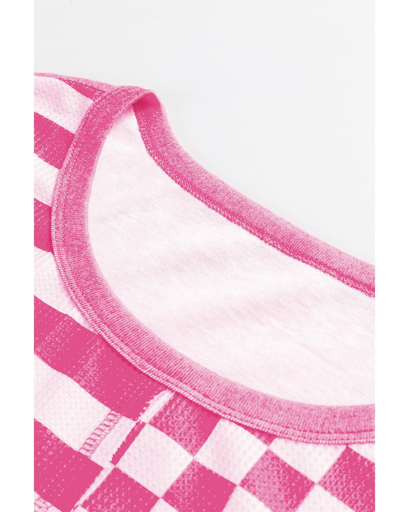 Rose Red Checkerboard Striped Patchwork Lantern Sleeve Pocketed Blouse - M