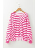 Rose Red Checkerboard Striped Patchwork Lantern Sleeve Pocketed Blouse - M