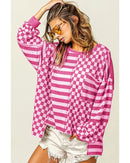 Rose Red Checkerboard Striped Patchwork Lantern Sleeve Pocketed Blouse - M