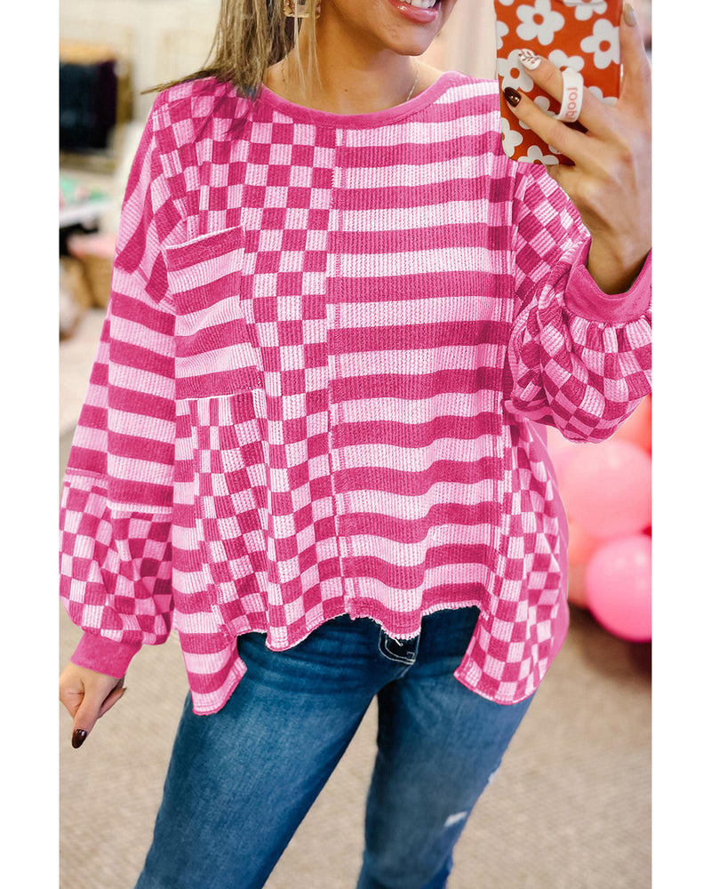 Rose Red Checkerboard Striped Patchwork Lantern Sleeve Pocketed Blouse - S