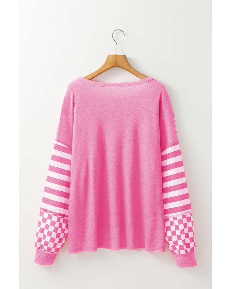 Rose Red Checkerboard Striped Patchwork Lantern Sleeve Pocketed Blouse - S