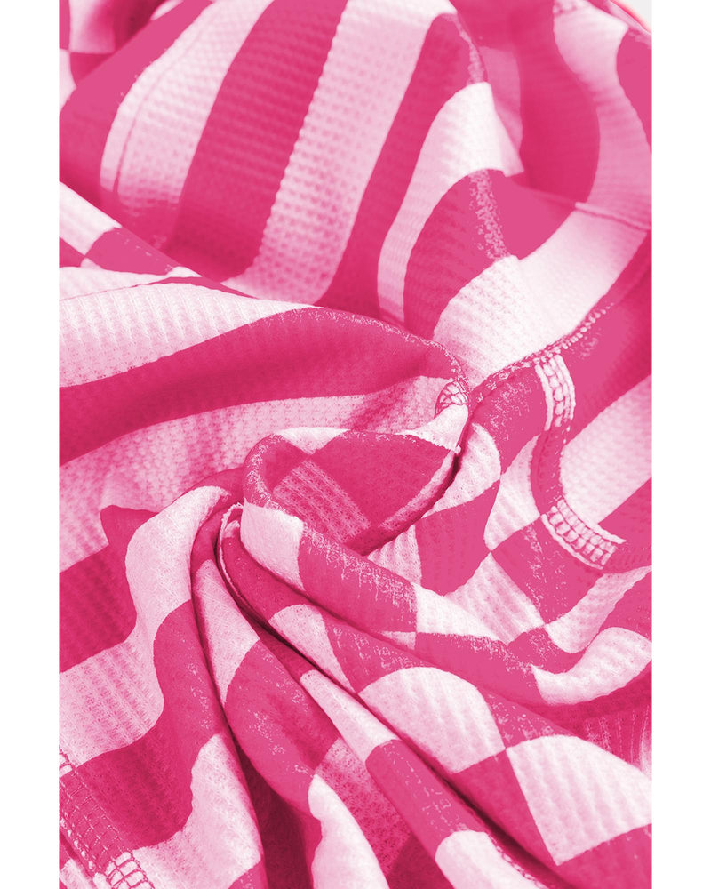 Rose Red Checkerboard Striped Patchwork Lantern Sleeve Pocketed Blouse - S