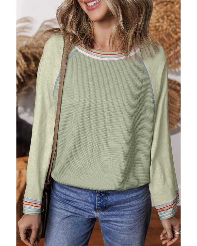 Meadow Mist Green Waffle Knit Wide Bracelet Sleeve Patchwork Raglan Top - L