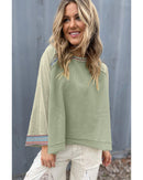 Meadow Mist Green Waffle Knit Wide Bracelet Sleeve Patchwork Raglan Top - L