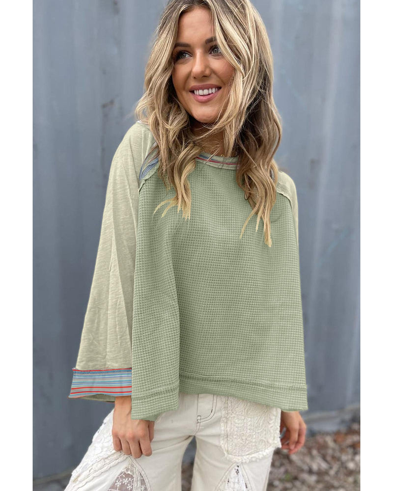 Meadow Mist Green Waffle Knit Wide Bracelet Sleeve Patchwork Raglan Top - L