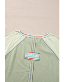 Meadow Mist Green Waffle Knit Wide Bracelet Sleeve Patchwork Raglan Top - L