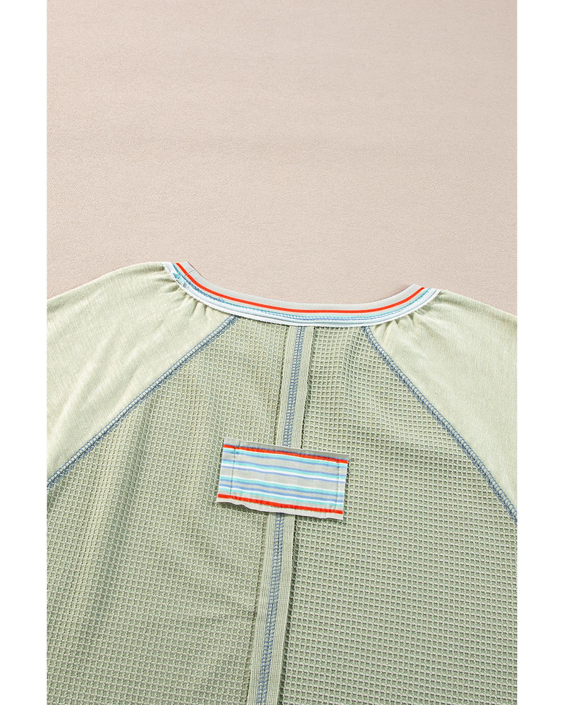 Meadow Mist Green Waffle Knit Wide Bracelet Sleeve Patchwork Raglan Top - L